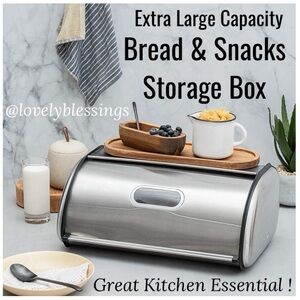 Breadbox Stainless Steel X-Large Capacity Bread Storage Box Kitchen Chrome Black